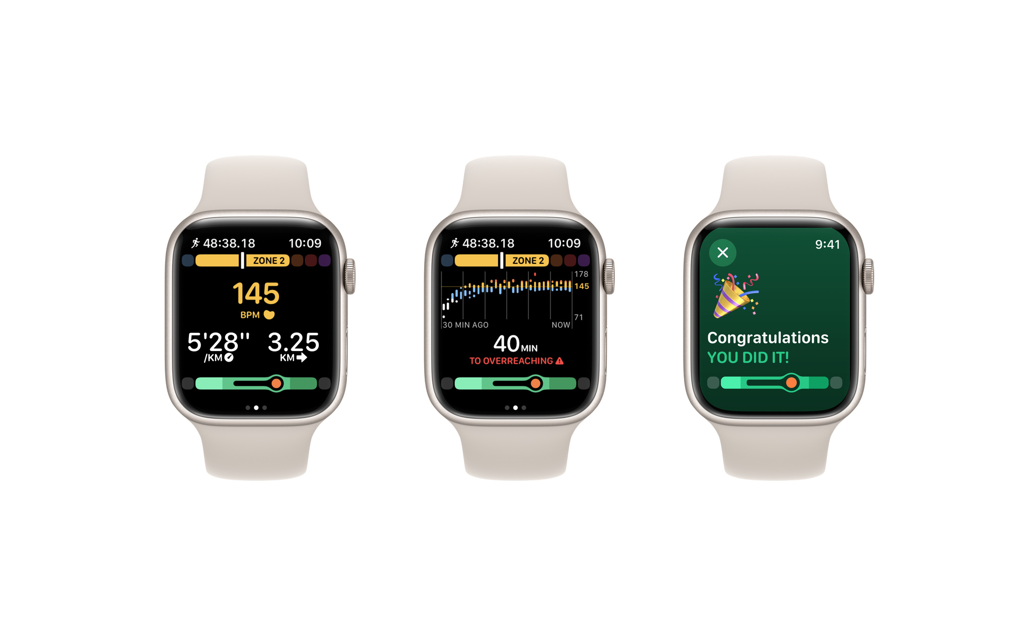 Tres capturas de pantalla del Apple Watch que muestran Gentler Streak en watchOS. 