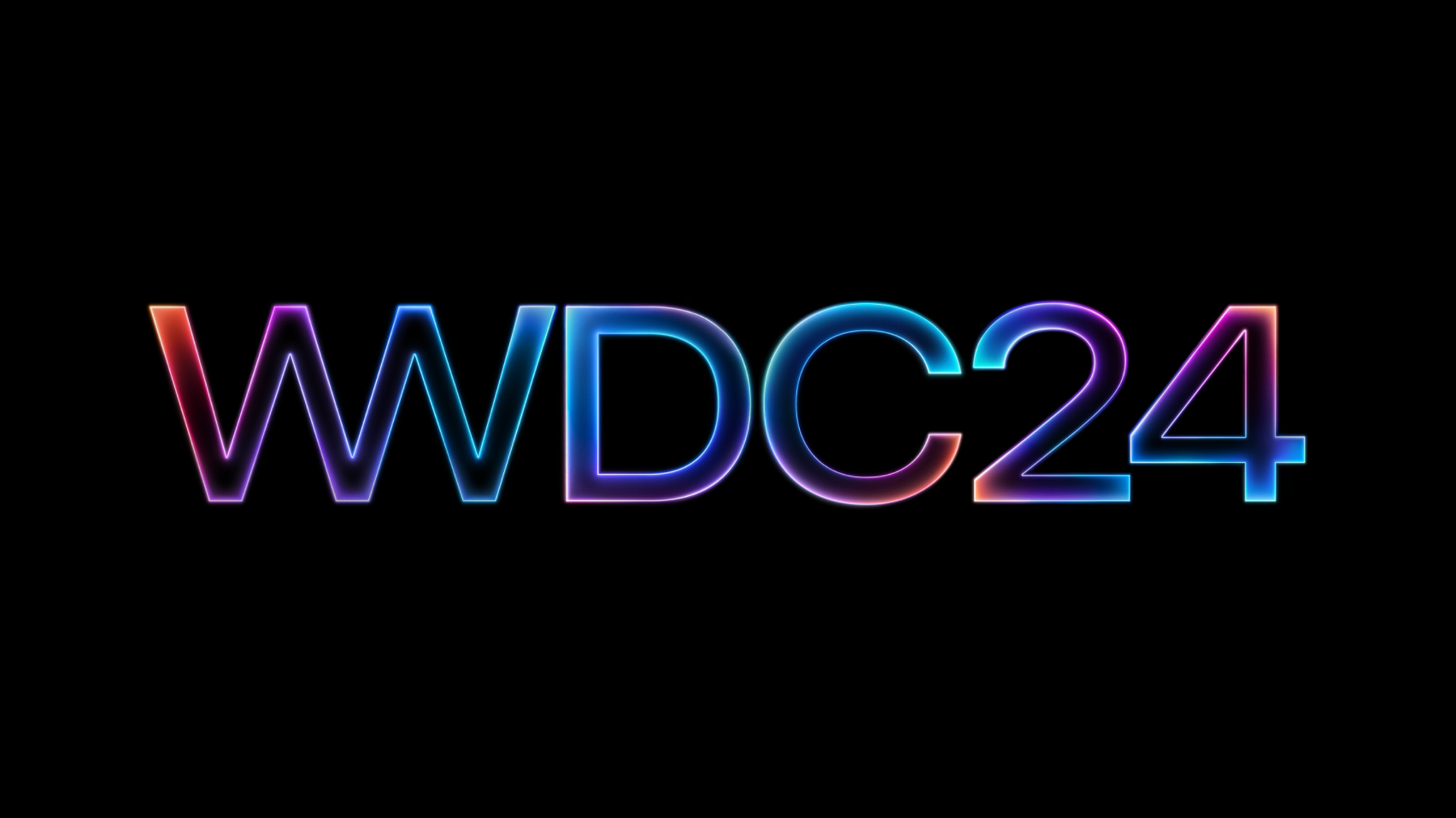 輝くブルー、パープル、オレンジで表示されている「WWDC24」というグラフィック。