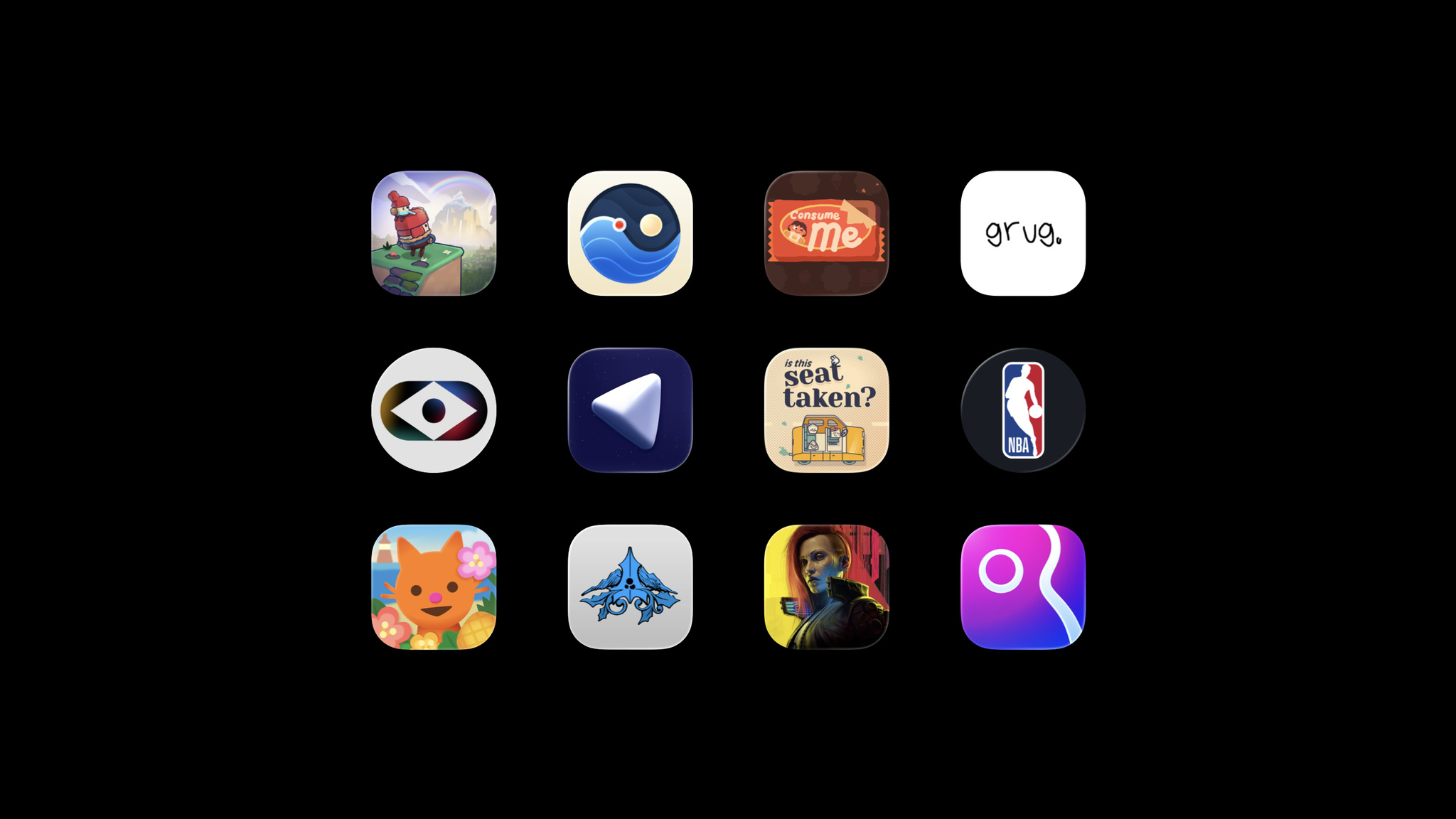 A 3×4 grid of app icons arranged against a solid black background. The top row includes a stylized puzzle game featuring a gnome-like character on geometric terrain, a blue yin-yang wave icon with a red dot, a chocolate-wrapper-styled icon reading "Consume Me," and a minimalist white icon with the handwritten word "grug." The middle row shows a colorful circular eye logo, a dark navy icon with a white faceted 3D arrow, a tan illustrated icon reading "is this seat taken?" with a transit scene, and the NBA's circular black-and-red logo. The bottom row features a cheerful orange cat surrounded by tropical flowers, a light gray icon with an ornate blue creature, a cyberpunk-styled portrait of a woman with a golden tint, and a purple-to-magenta gradient icon with a looping white circular mark.