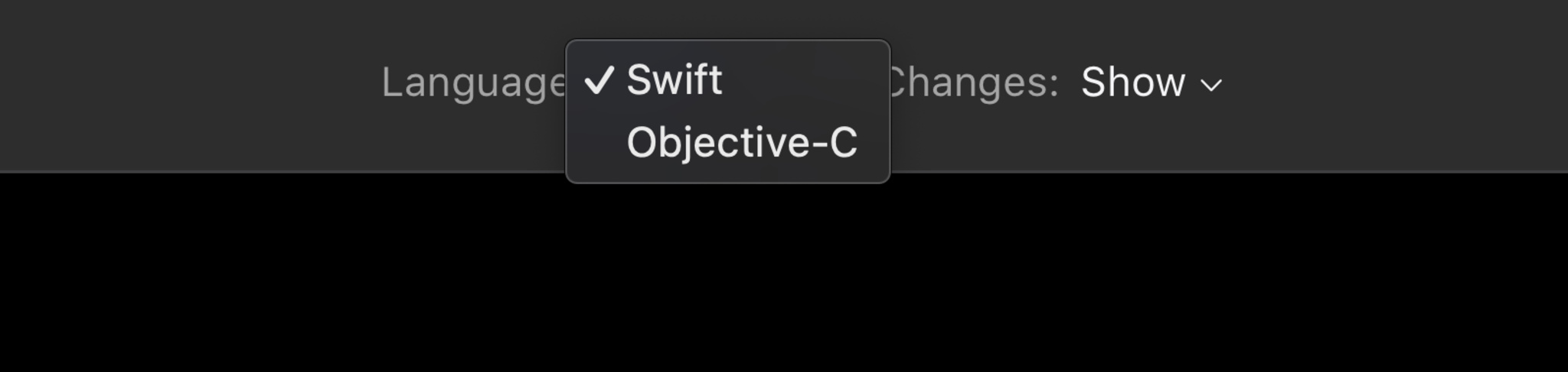 screenshot of apple documentation language selector switching between Swift and Objective-C