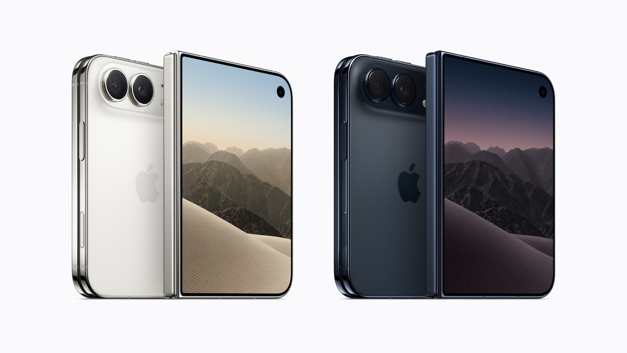 Front and rear views of iPhone Duo shown side by side in Star White and Night Sky, displaying desert landscape wallpapers in both light and dark mode.