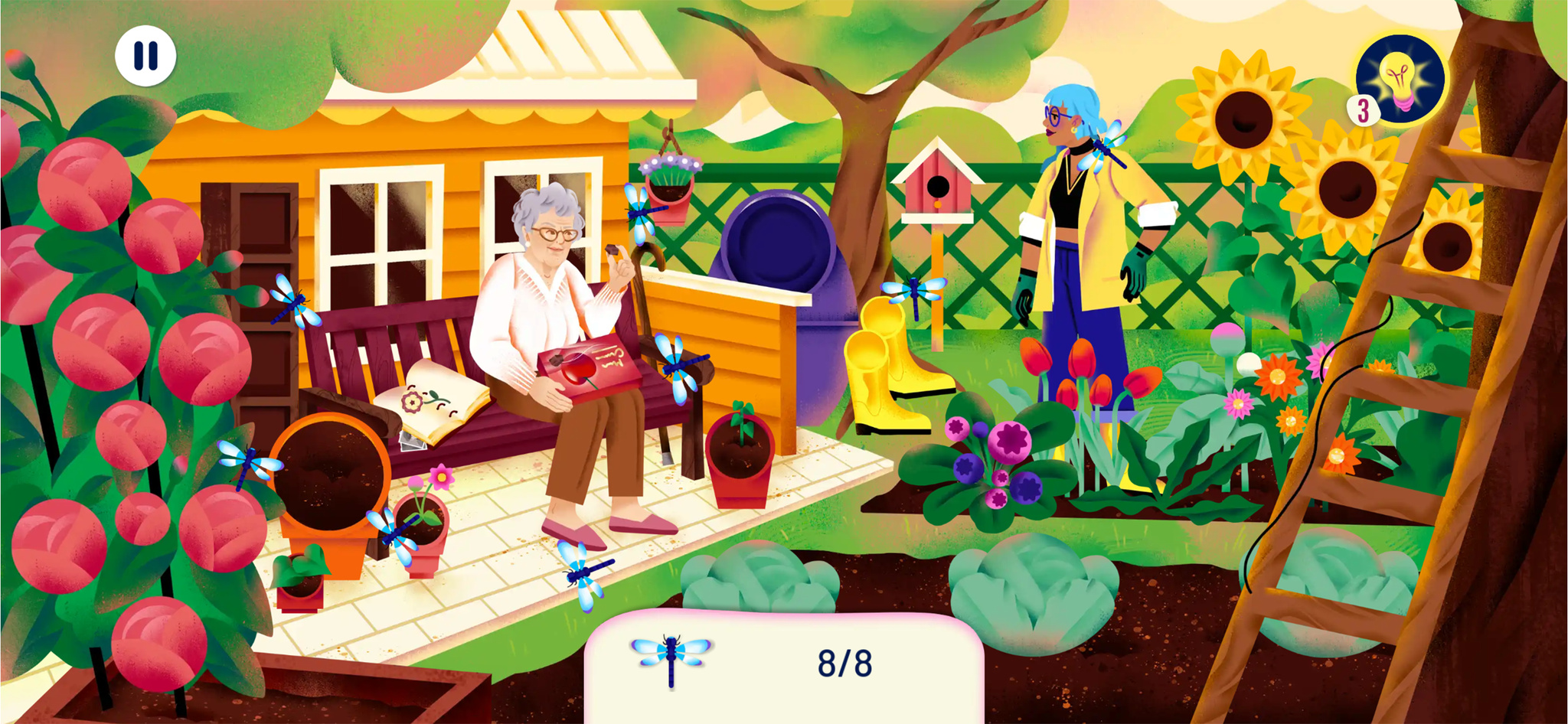 A screenshot of Finding Hannah, showing a woman with blue hair standing in a garden talking to her grandmother, who is sitting on a bench.