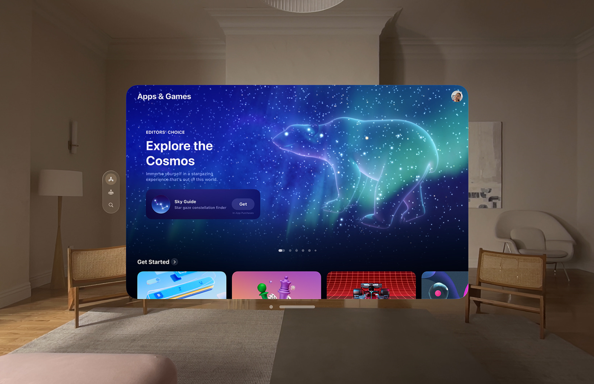 A screenshot of the App Store on the Apple Vision Pro as seen in a living room.  The screenshot features a large image of the Ursa Major constellation with the caption 