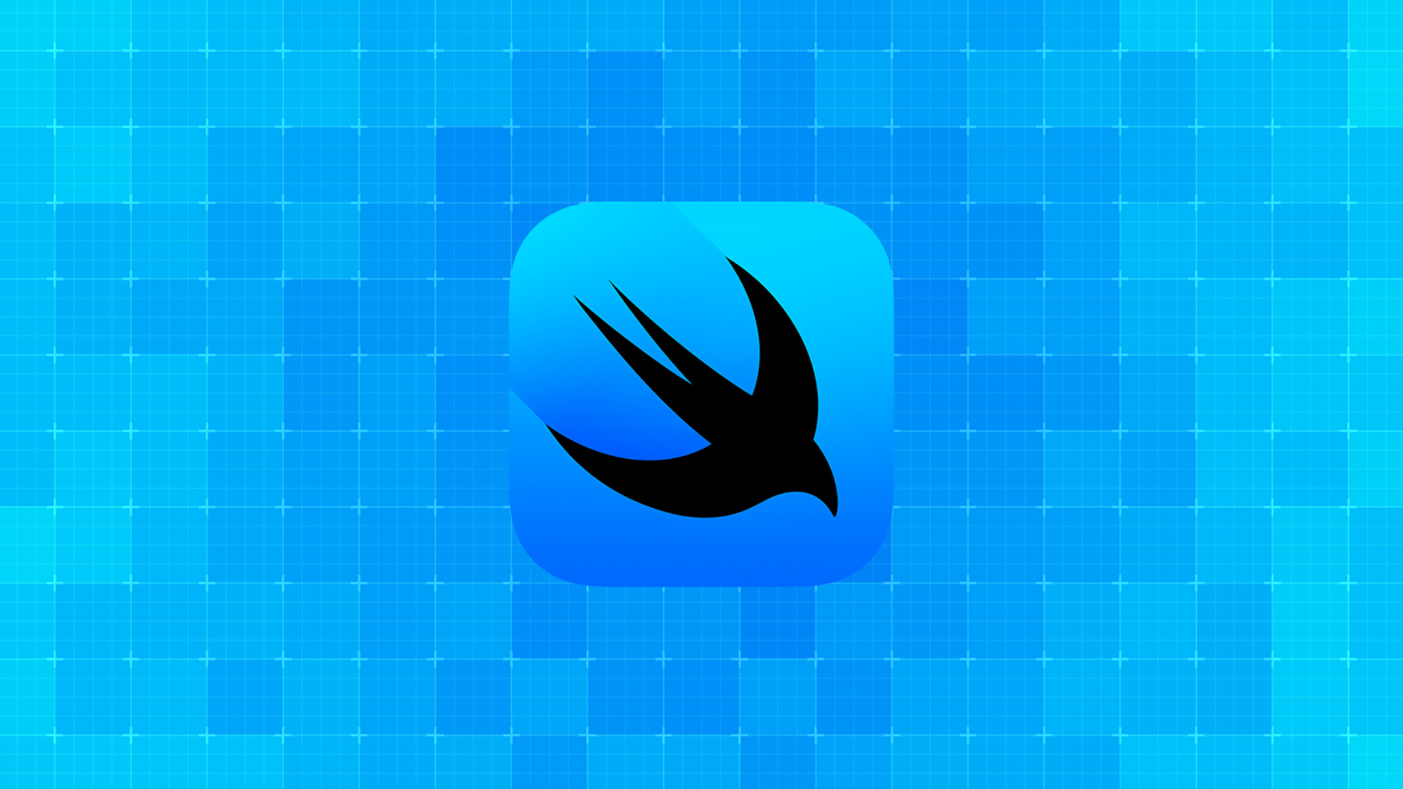 The Swift logo, a black bird set inside a blue square with rounded corners, is set against a background of small tiles of alternating shades of blue.