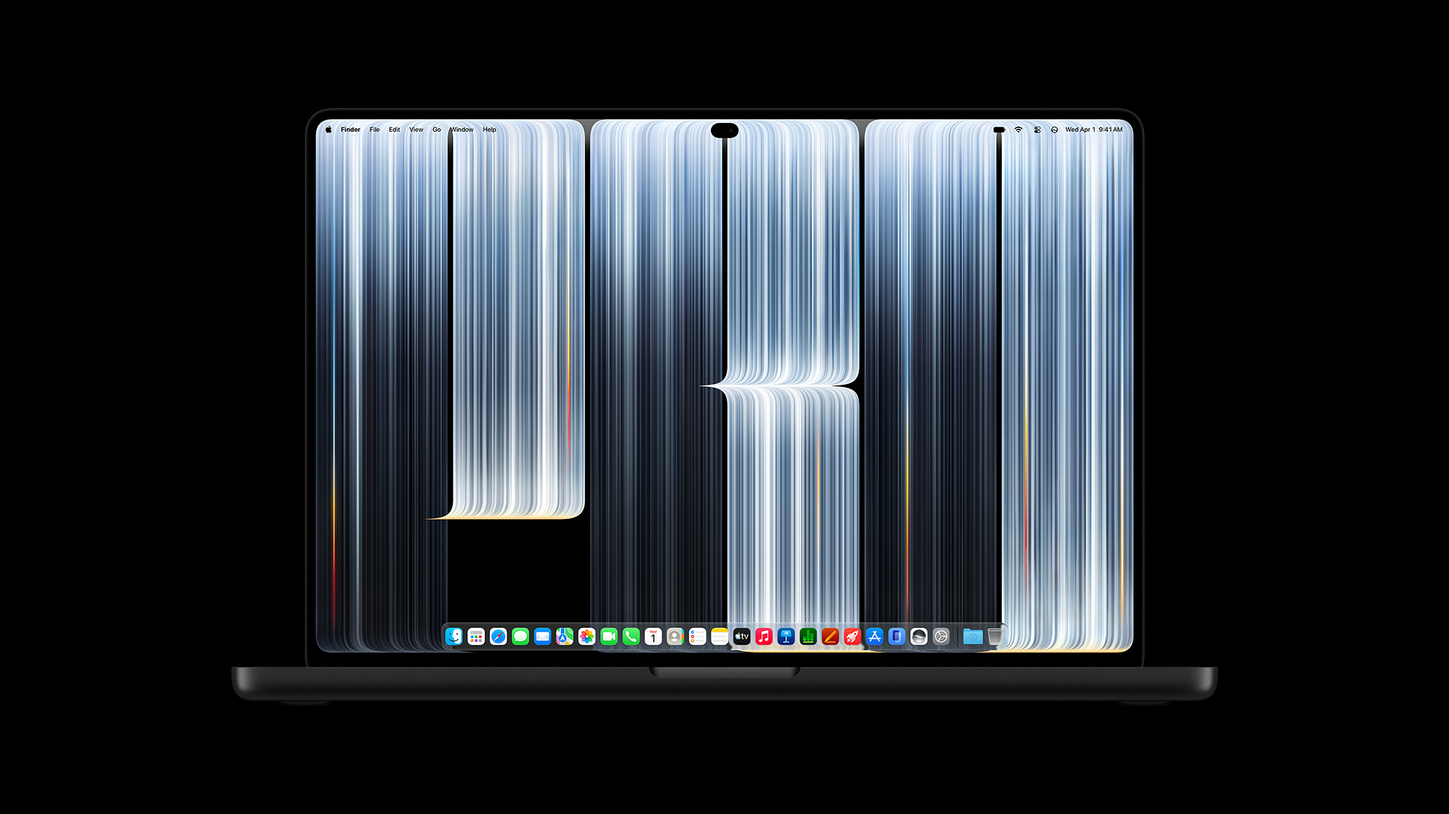 A MacBook Pro, shown open and facing forward against a black background, displaying a desktop wallpaper of abstract white light streaks against black. The macOS menu bar appears across the top and the Dock sits along the bottom of the screen.