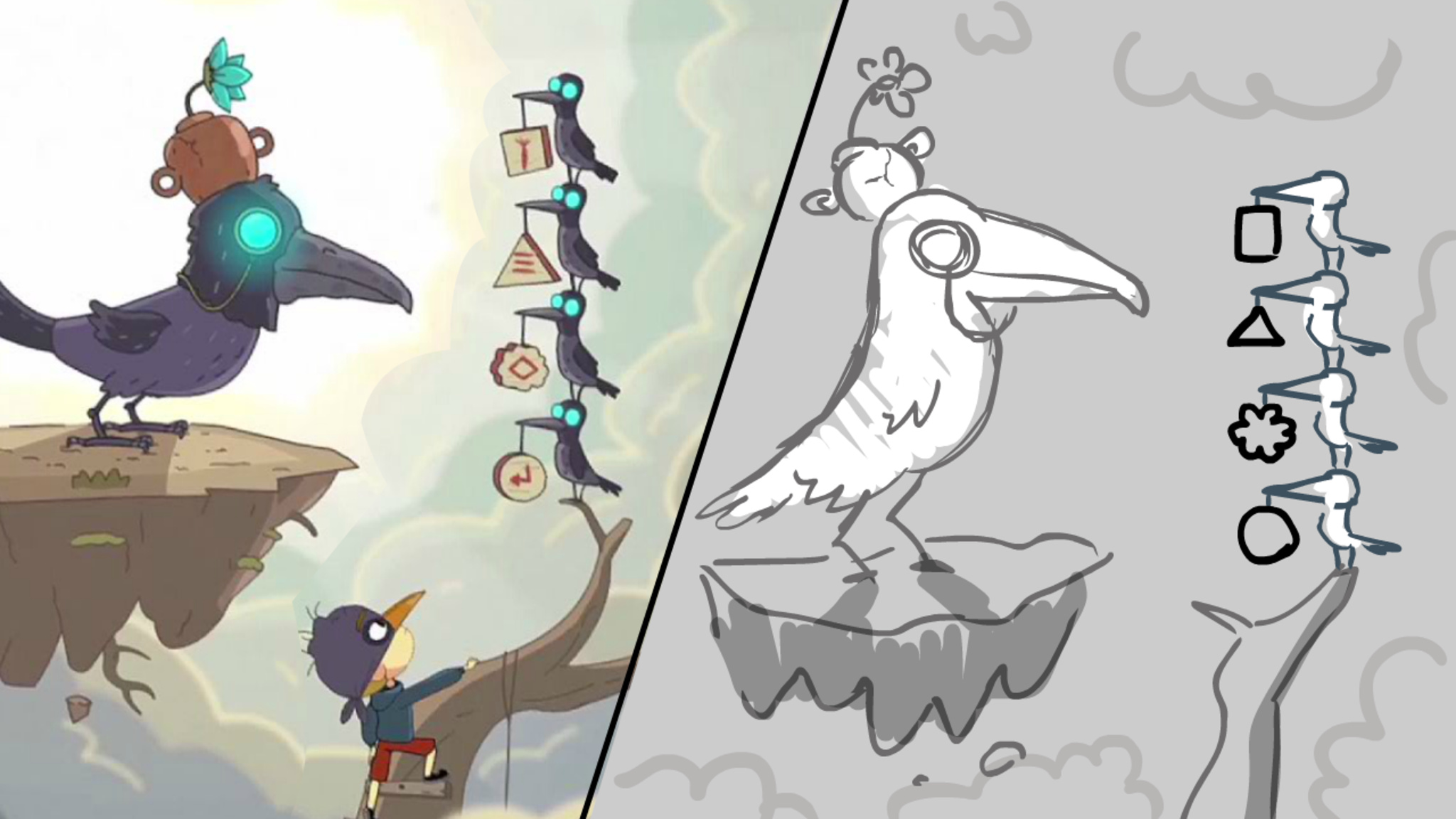 A split-screen view. At least is a screenshot of Lost In Play, in which four small black birds with glowing blue eyes hold game pieces in their beaks and stand in front of a large bird, while Toto climbs up a limb to reach them.