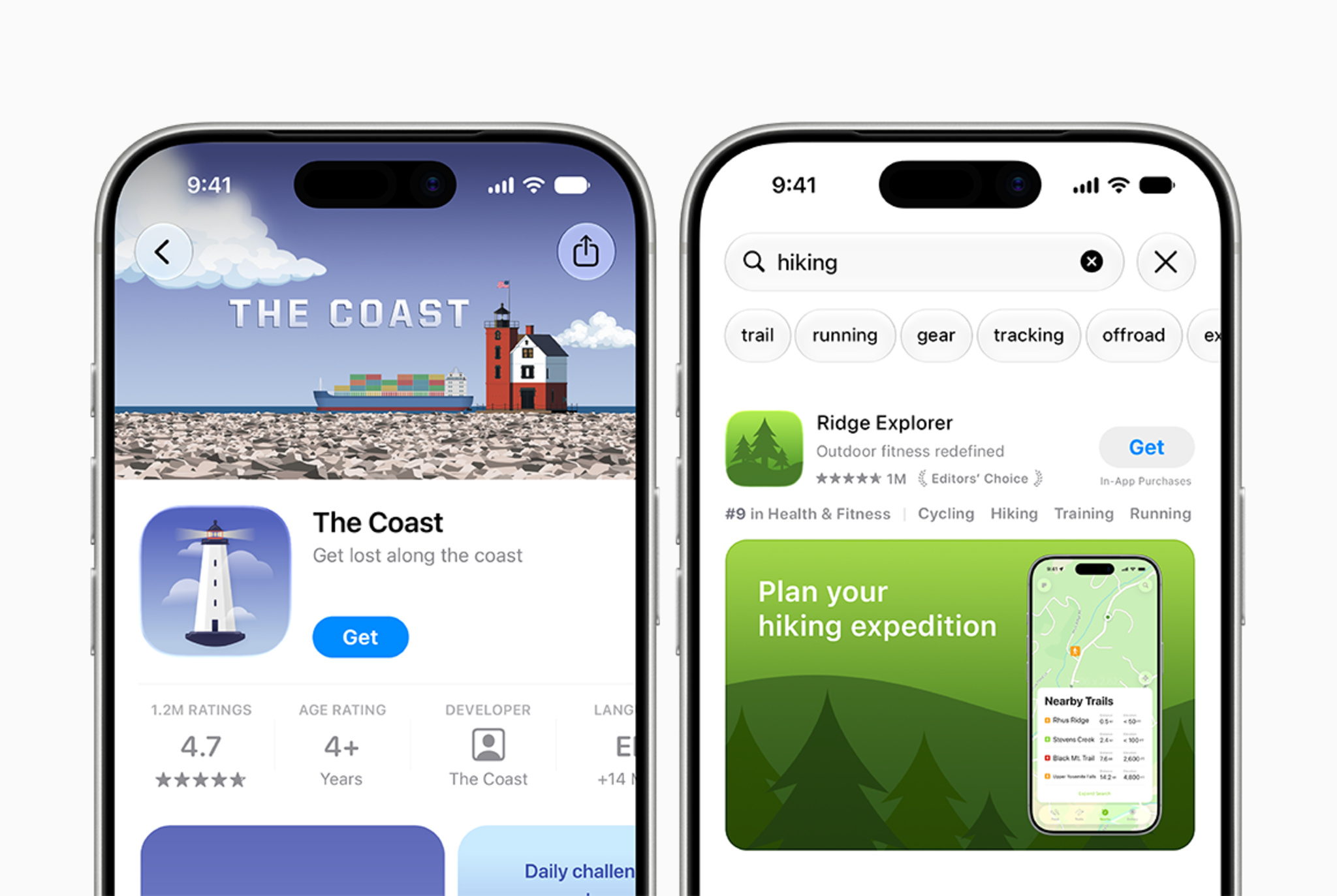 Two iPhone screens showing the App Store. On the left is the product page for The Coast, with an illustrated header of a lighthouse and a cargo ship, the app icon, a Get button, and a 4.7-star rating. On the right are search results for “hiking,” where Ridge Explorer appears with an Editors’ Choice badge and a screenshot that reads “Plan your hiking expedition” next to a map of nearby trails.