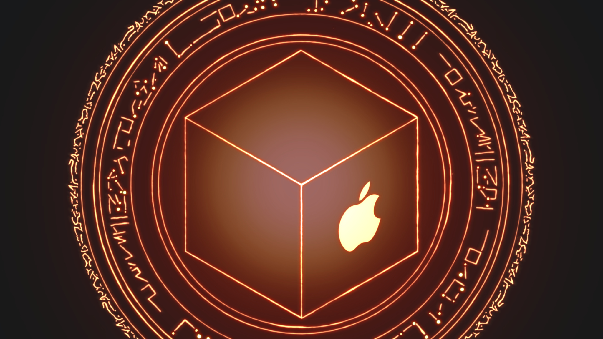 Glowing cube outline with runes encircling, and an apple logo on the side