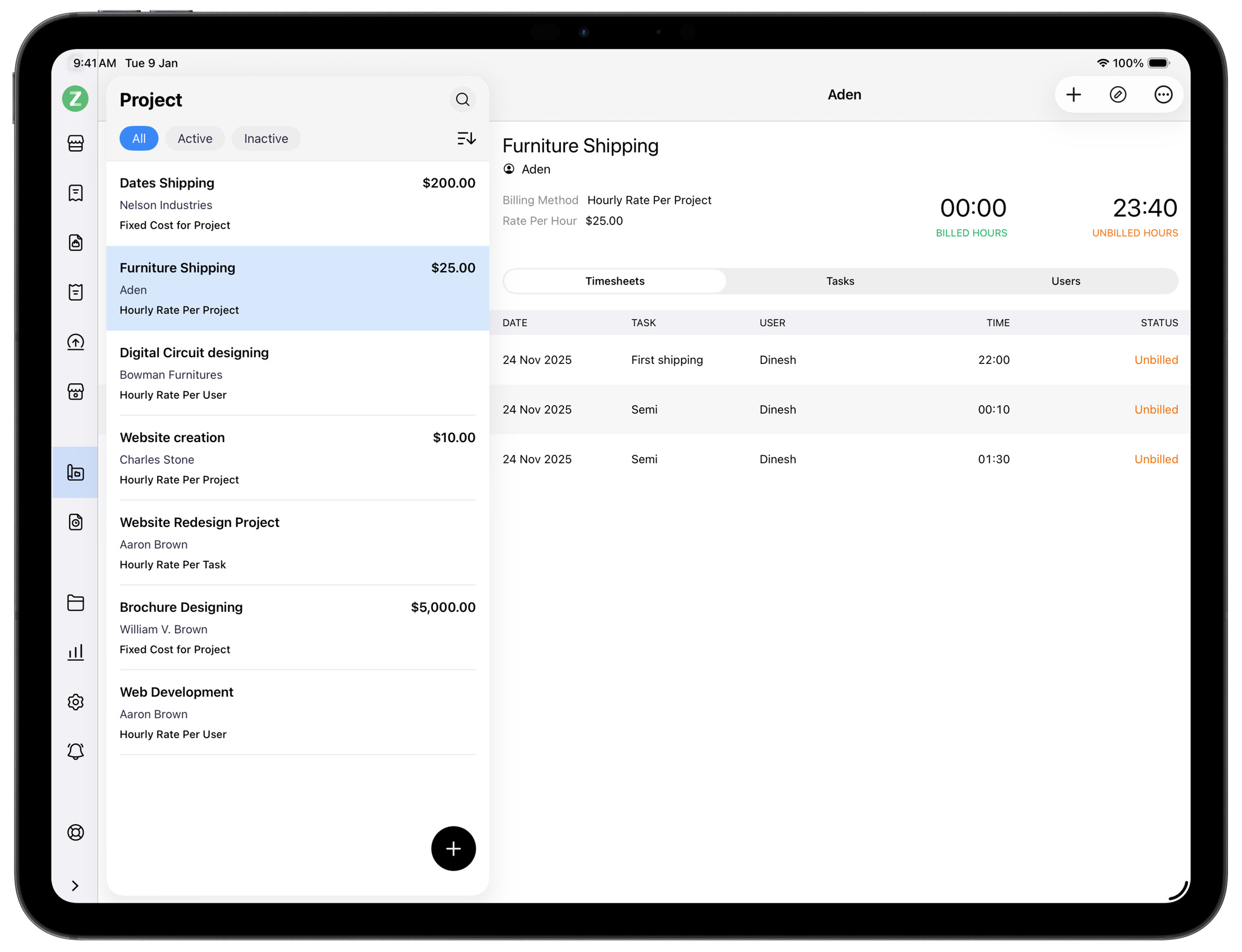 An iPad screen showing a project management and timesheet application. The left pane lists active projects, while the right pane displays details for a Furniture Shipping project, including hourly billing rates, unbilled hours, and a detailed timesheet log.