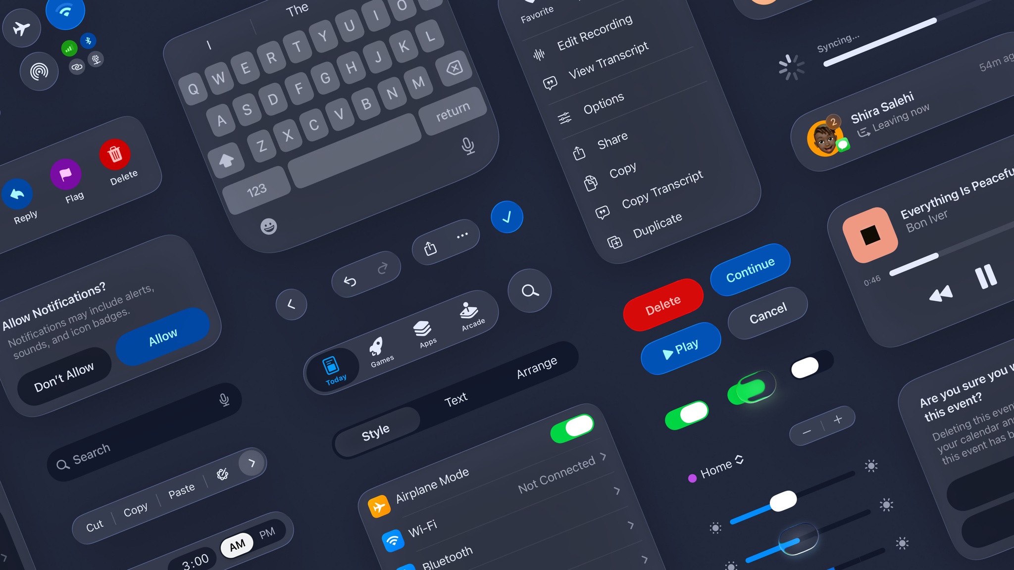 A collage showing screens with new features announced at WWDC25, including the new design.