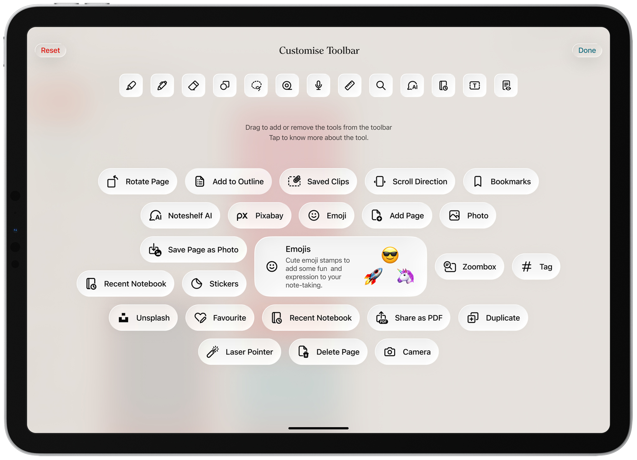 An iPad displays a Customise Toolbar settings screen within a note-taking application. A row of active tool icons is aligned at the top, while a variety of additional tool options are arranged below in rounded buttons. A central pop-up card highlights the Emojis tool, describing it as a way to add expressive emoji stamps to notes.