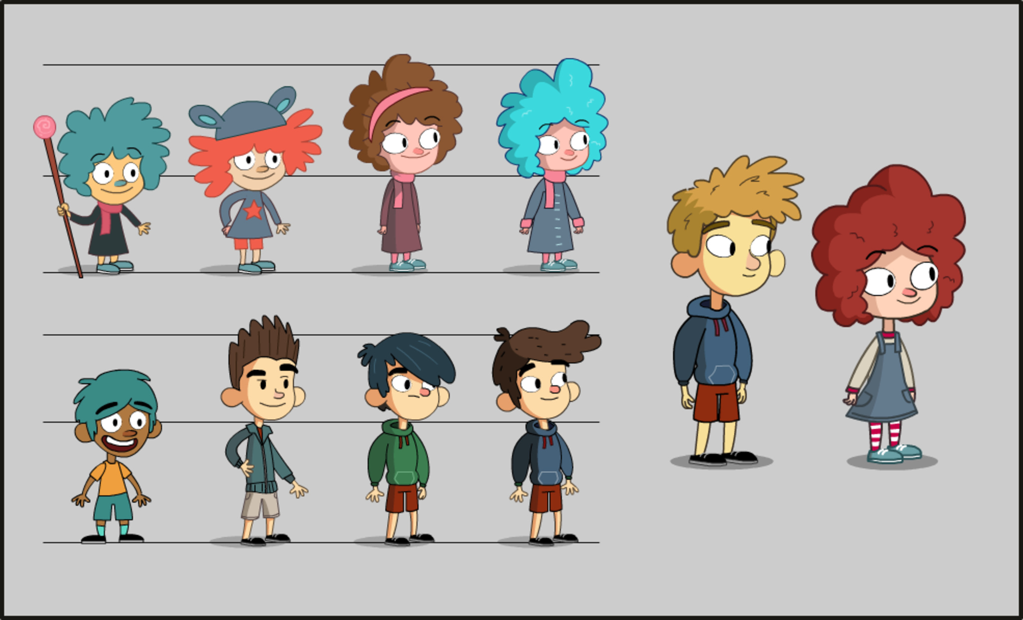 Early concept sketches of Toto and Gal, showing four different variations of each character alongside the final versions on the right. 