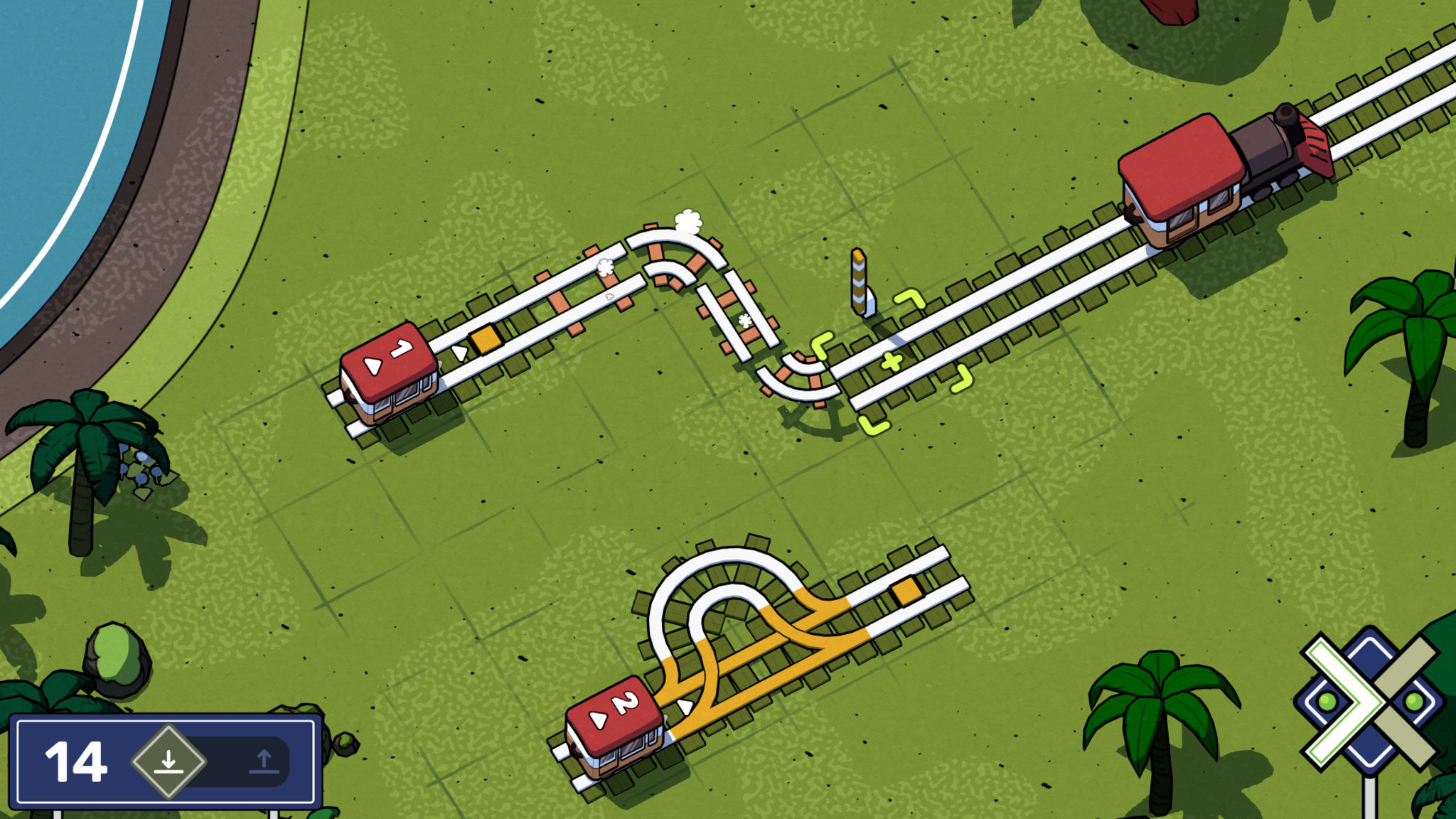 A screenshot of Railbound, showing the beginning of a puzzle in which players need to get two trains to connect to an engine by laying track in proper order.