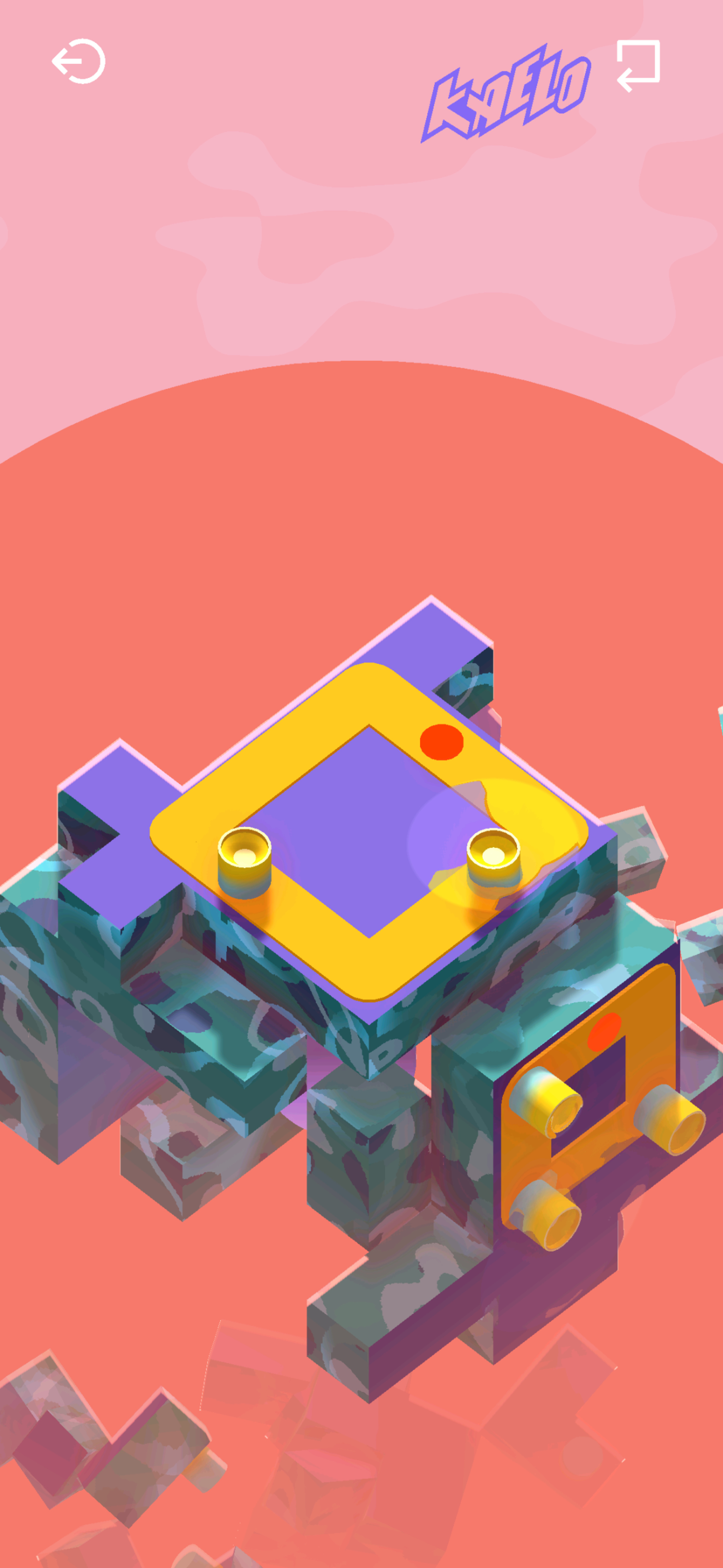 A *Rytmos* screenshot showing a puzzle set on a floating cube-like shape set against a light red background.