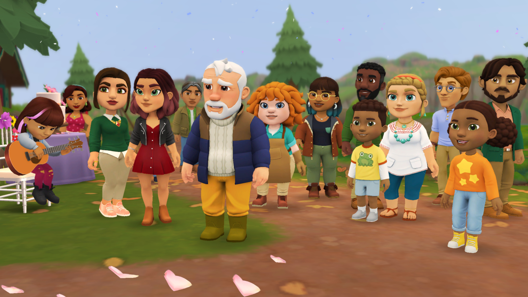 A screenshot of the residents of Fairhaven gathered around a clearing. 