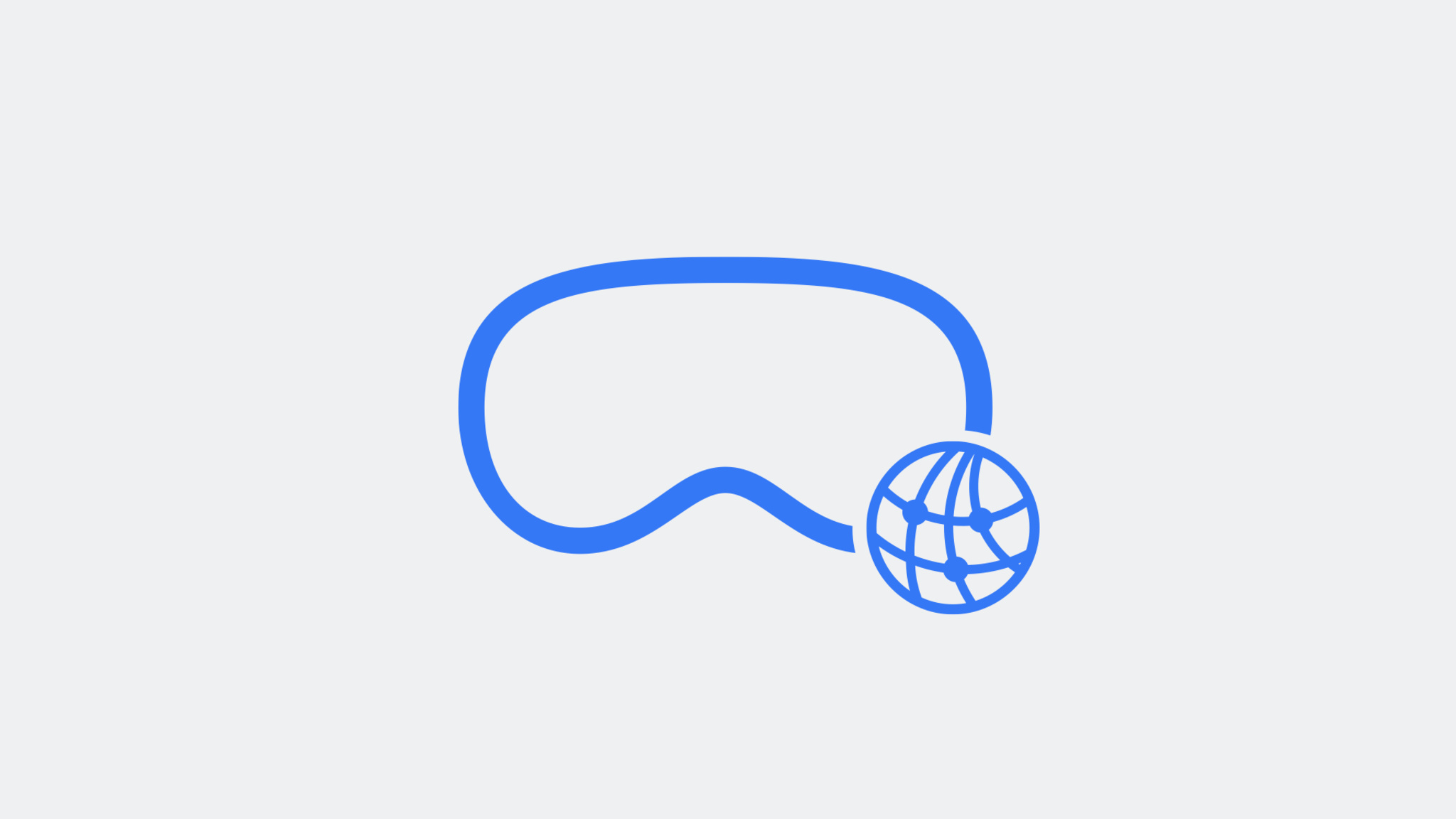 An illustration of the outline of an Apple Vision Pro in blue, accompanied by a small graphic of a globe.