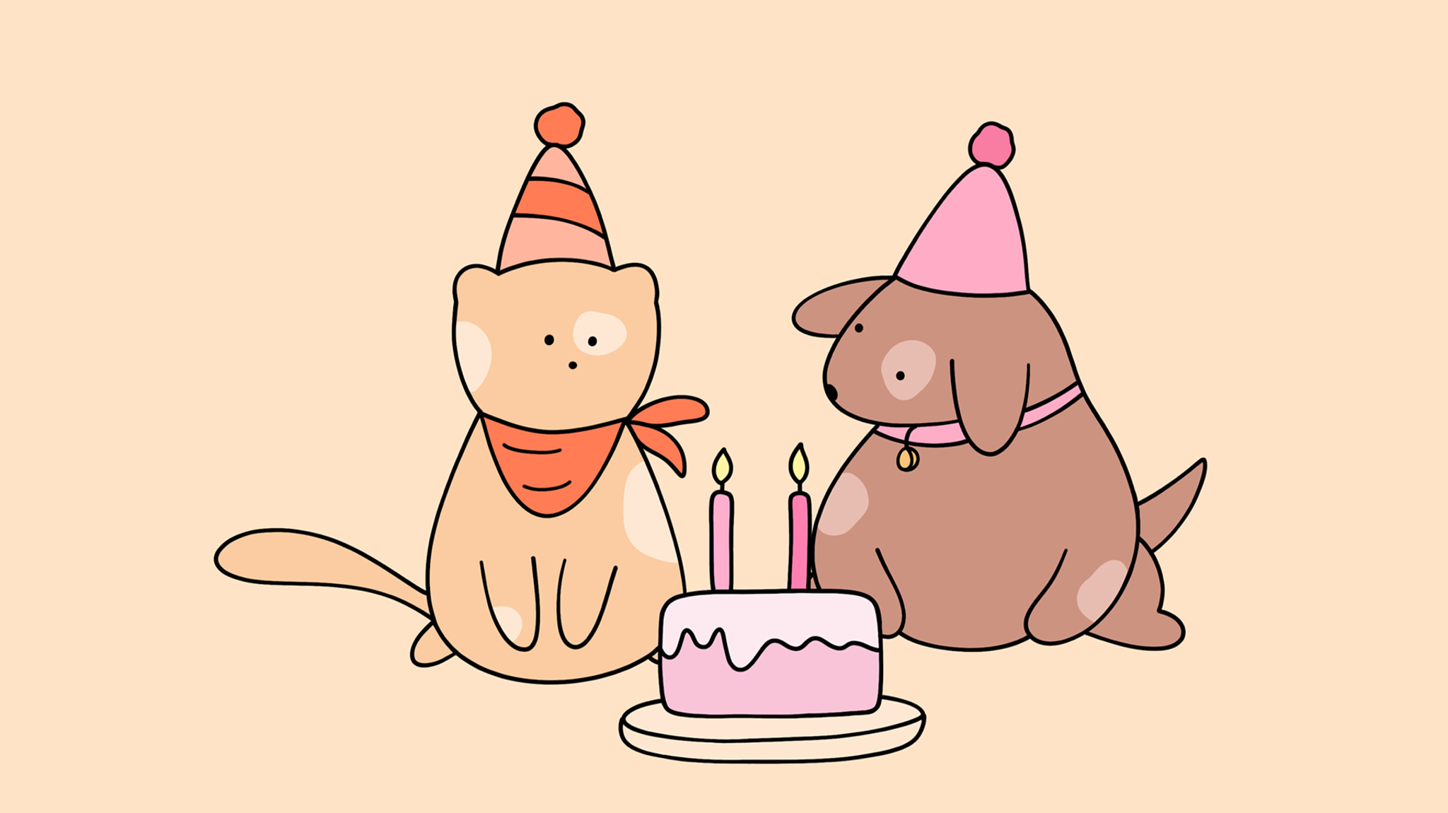 A drawing from Bears Gratitude, showing two cartoon bears wearing party hats in front of a frosted birthday cake against a beige background.