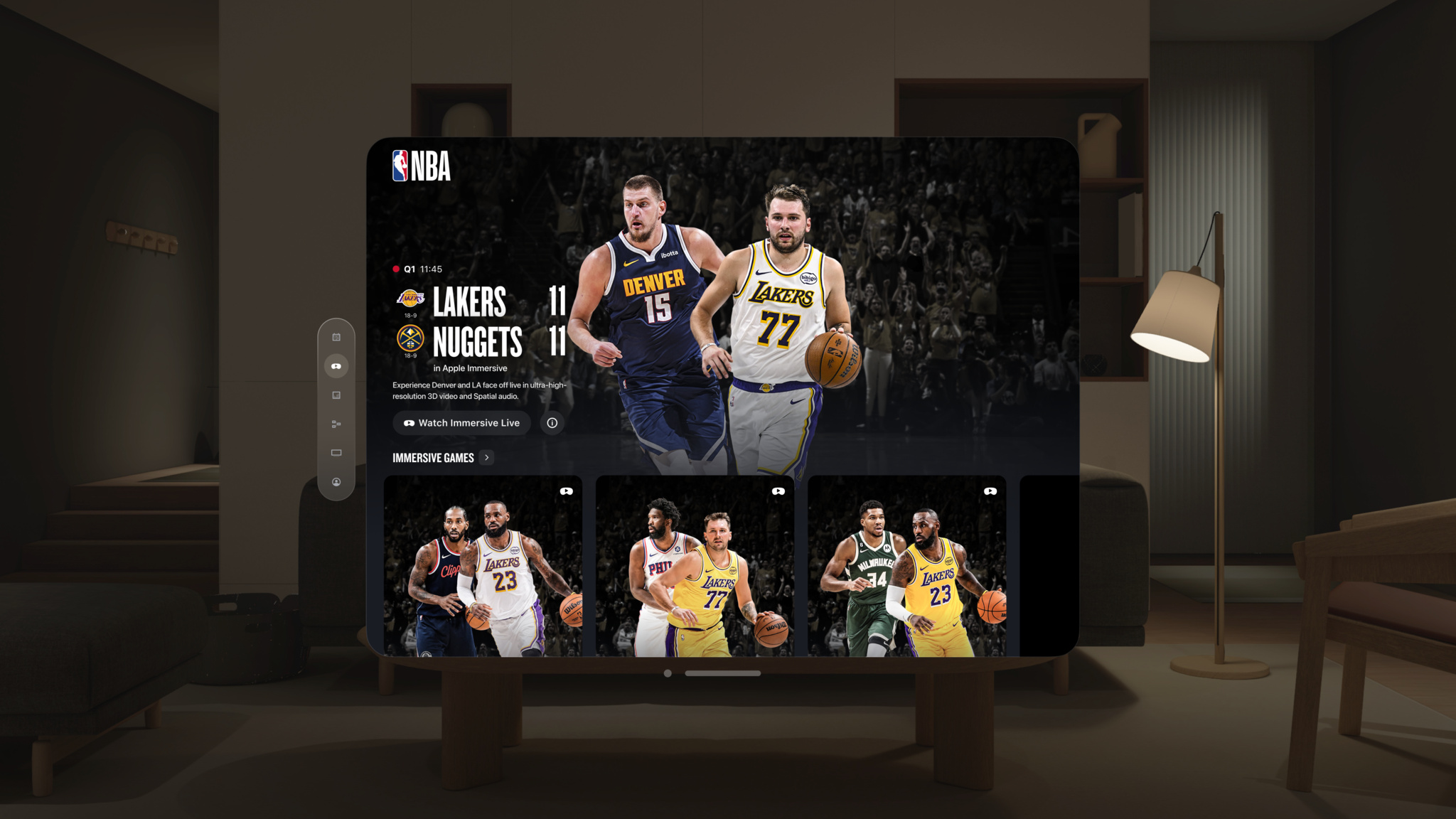 The NBA app home screen on Apple Vision Pro features a live Lakers vs. Nuggets game promoted as an "Apple Immersive" experience, with player art of Nikola Jokić and Luka Dončić prominently displayed. Below the hero section, a row of thumbnail cards highlights additional Immersive Games featuring various matchups.