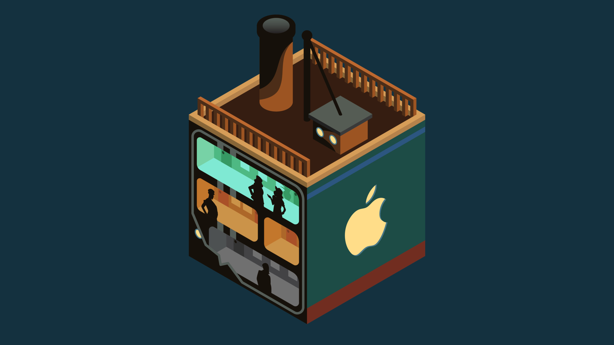 A cube resembling a steamboat, with an apple logo on the side