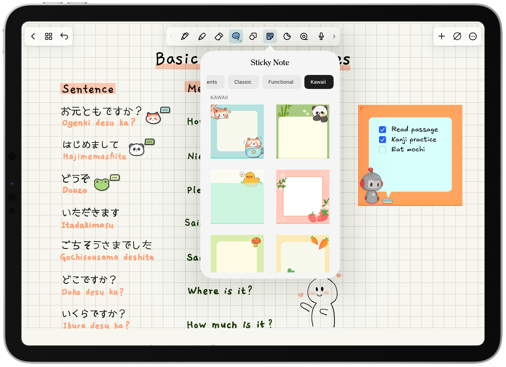 An iPad screen features a digital notebook with a grid background containing a list of Japanese sentences and their meanings. A pop-up menu in the center displays a selection of cute, cartoon-themed sticky note templates under the Kawaii category. On the right, an orange sticky note is placed on the page with a checklist that includes Read passage and Kanji practice.